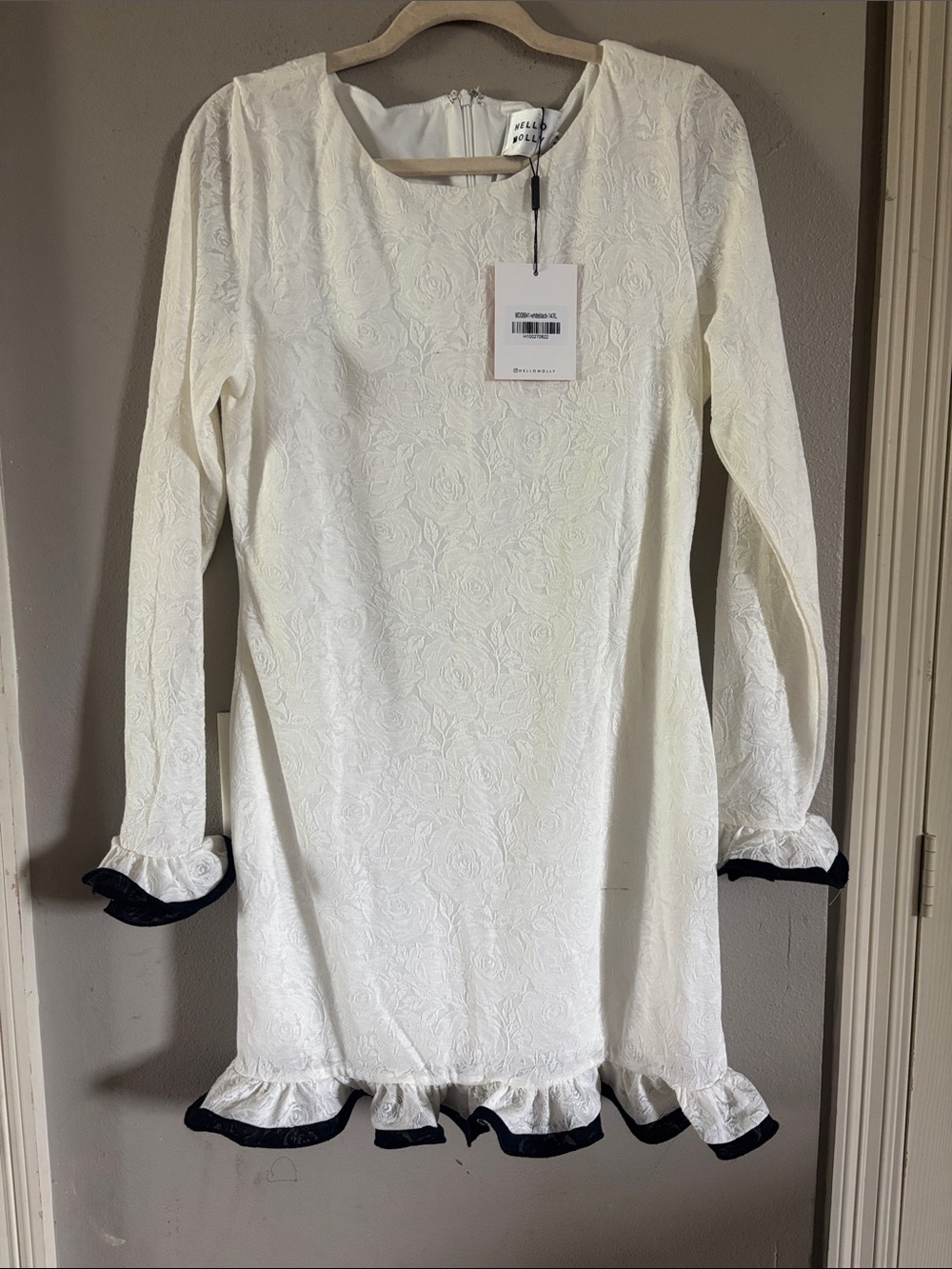Hello Molly Cream Floral Jacquard Long-Sleeve Kids Dress with Black Trim
